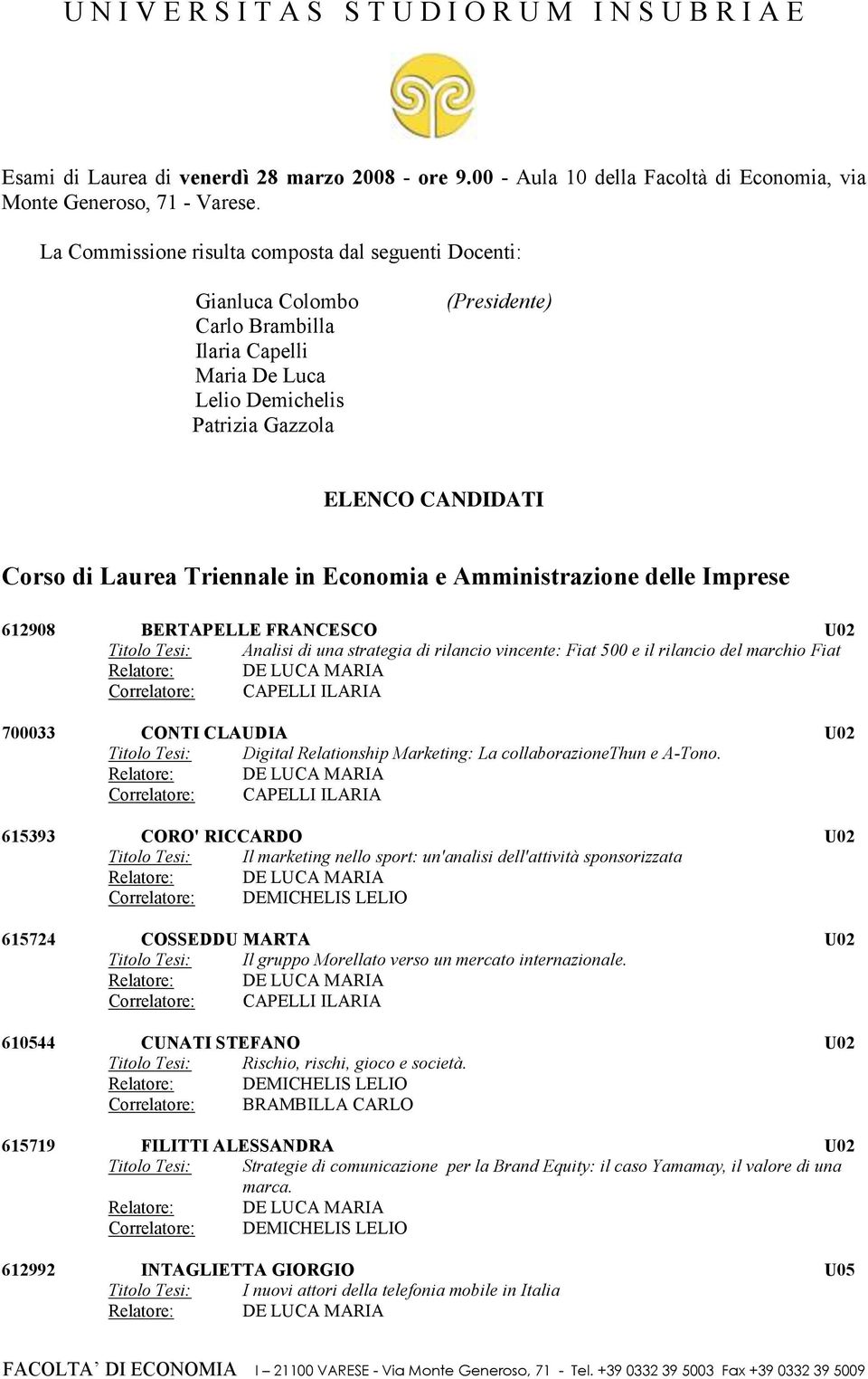 Triennale in Economia e Amministrazione delle Imprese 612908 BERTAPELLE FRANCESCO U02 Titolo Tesi: Analisi di una strategia di rilancio vincente: Fiat 500 e il rilancio del marchio Fiat CAPELLI