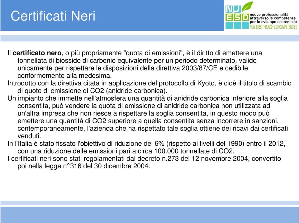 Introdotto con la direttiva citata in applicazione del protocollo di Kyoto, è cioè il titolo di scambio di quote di emissione di CO2 (anidride carbonica).