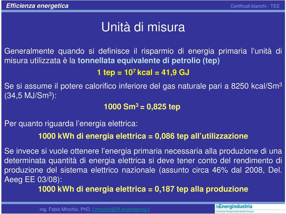 elettrica = 0,086 tep all utilizzazione Se invece si vuole ottenere l energia primaria necessaria alla produzione di una determinata quantità di energia elettrica si deve tener conto del rendimento