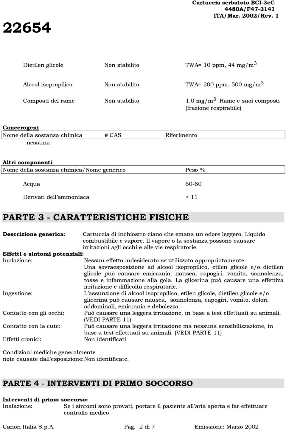 Derivati dell ammoniaca < 11 PARTE 3 - CARATTERISTICHE FISICHE Descrizione generica: Effetti e sintomi potenziali: Inalazione: Ingestione: Contatto con gli occhi: Contatto con la cute: Effetti