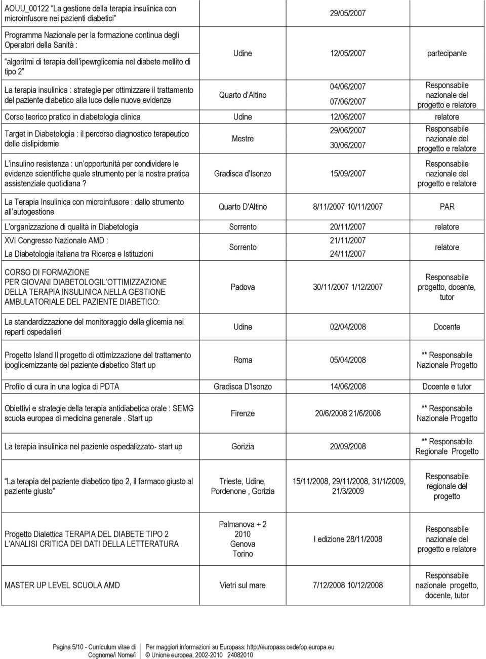 nuove evidenze 07/06/2007 Corso teorico pratico in diabetologia clinica Udine 12/06/2007 Target in Diabetologia : il percorso diagnostico terapeutico 29/06/2007 Mestre delle dislipidemie 30/06/2007 L