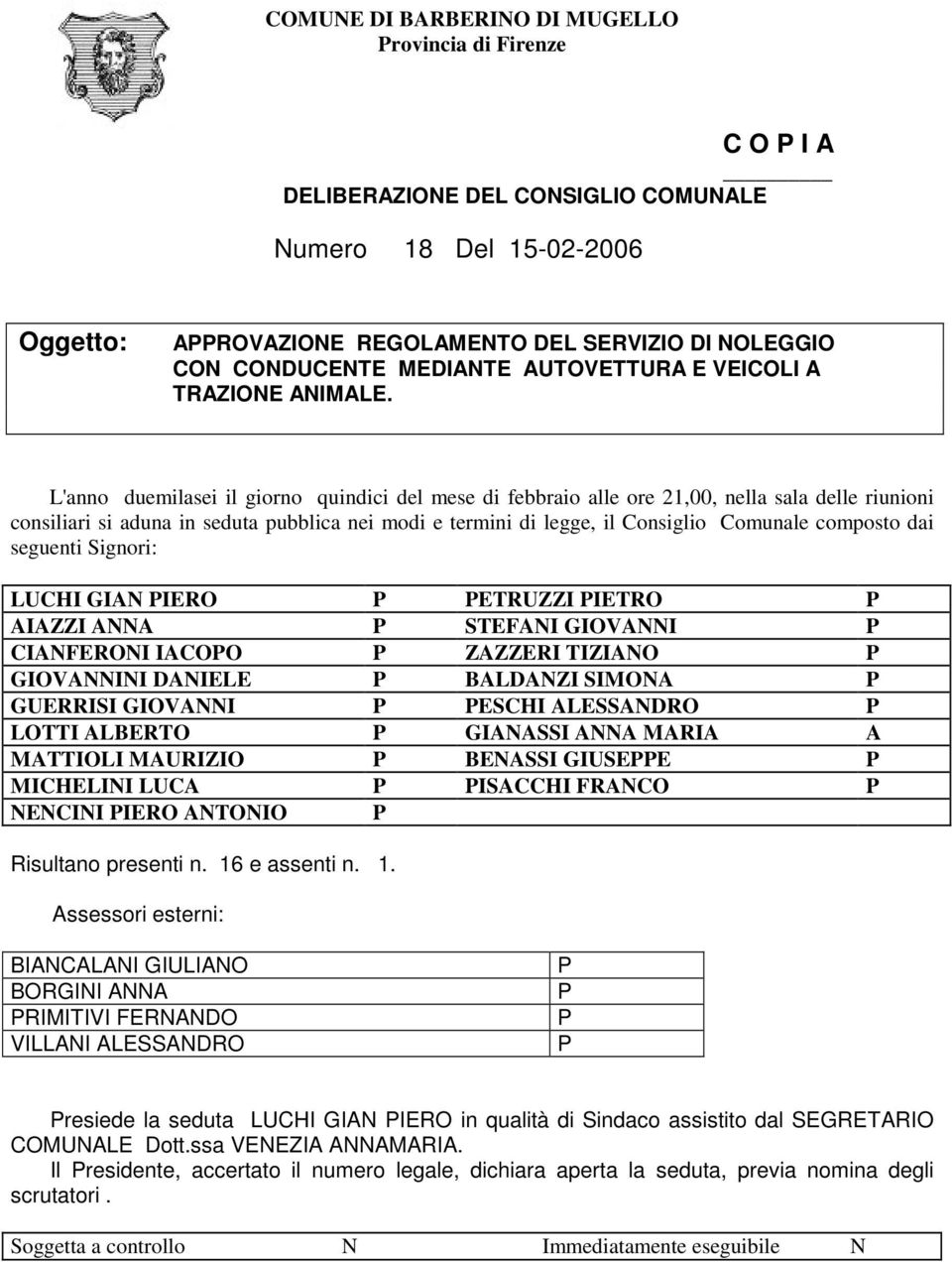 dai seguenti Signori: LUCHI GIAN IERO ETRUZZI IETRO AIAZZI ANNA STEFANI GIOVANNI CIANFERONI IACOO ZAZZERI TIZIANO GIOVANNINI DANIELE BALDANZI SIMONA GUERRISI GIOVANNI ESCHI ALESSANDRO LOTTI ALBERTO