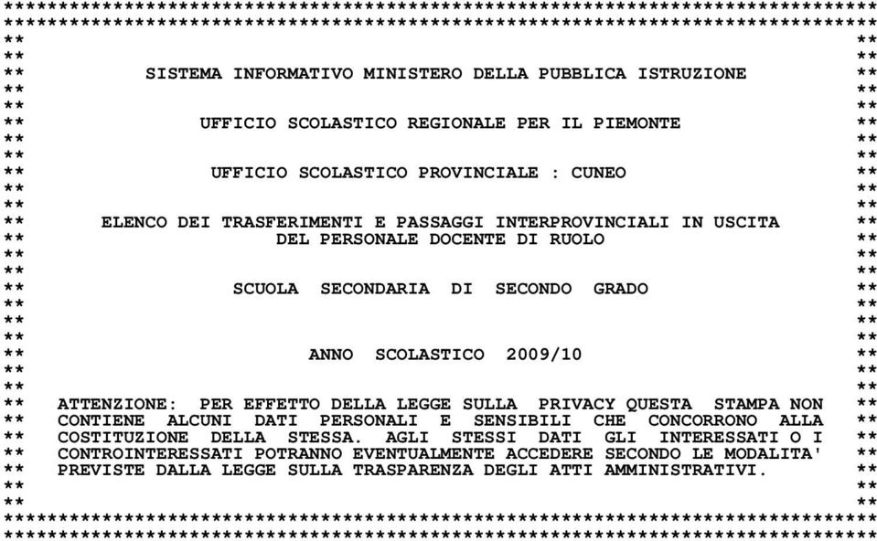 DEL PERSONALE DOCENTE DI RUOLO ** ** SCUOLA SECONDARIA DI SECONDO GRADO ** ** ANNO SCOLASTICO 2009/10 ** ** ATTENZIONE: PER EFFETTO DELLA LEGGE SULLA PRIVACY QUESTA STAMPA NON ** ** CONTIENE ALCUNI