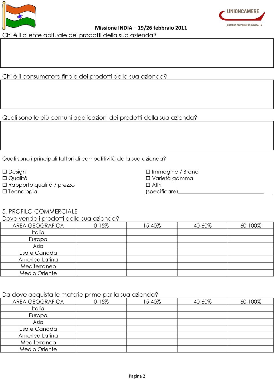 Design Qualità Rapporto qualità / prezzo Tecnologia Immagine / Brand Varietà gamma Altri (specificare) 5. PROFILO COMMERCIALE Dove vende i prodotti della sua azienda?