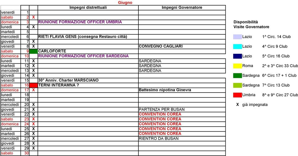 SARDEGNA Roma 2^ e 3^ Circ 33 Club mercoledì 13 X SARDEGNA giovedì 14 X Sardegna 6^ Circ 17 + 1 Club venerdì 15 30 Anniv. Charter MARSCIANO sabato 16 TERNI INTERAMNA?