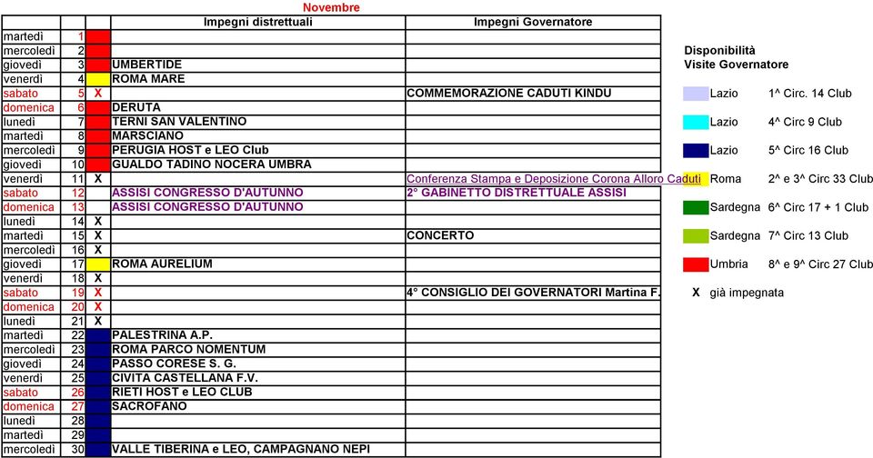 CONGRESSO D'AUTUNNO 2 GABINETTO DISTRETTUALE ASSISI domenica 13 ASSISI CONGRESSO D'AUTUNNO Sardegna lunedì 14 X martedì 15 X CONCERTO Sardegna mercoledì 16 X giovedì 17 ROMA AURELIUM Umbria venerdì