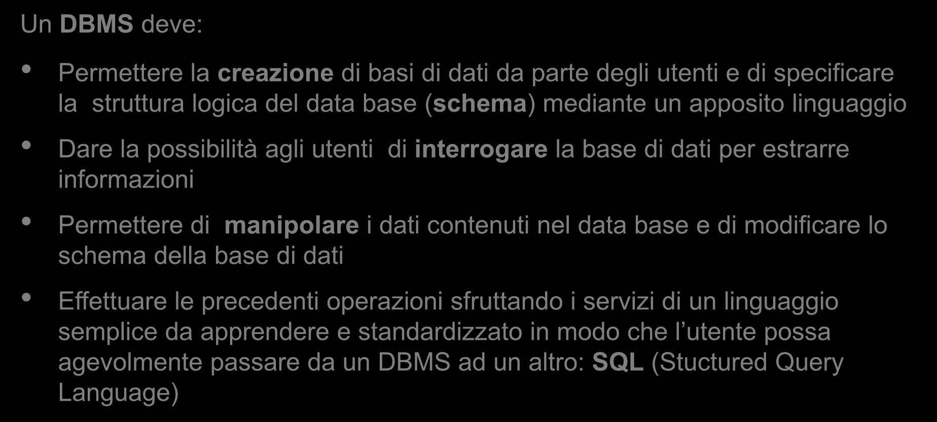 Organizzazione con basi di dati (2) Un DBMS deve: Permettere la creazione di basi di dati da parte degli utenti e di specificare la struttura logica del data base (schema) mediante un apposito