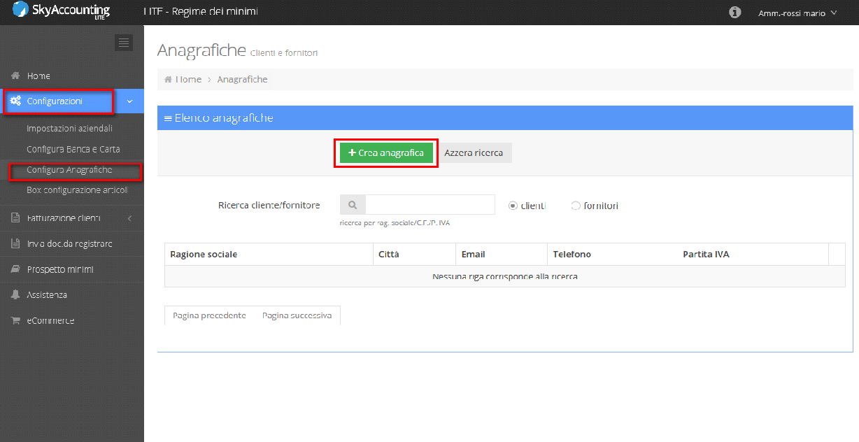 1.3 Come creare un'anagrafica clienti e fornitori in SkyAccounting Lite NB: Per poter operare è obbligatorio configurare le anagrafiche