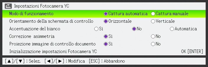 Configurazione delle impostazioni del menu di setup dell applicazione YC Camera È possibile usare il menu di setup dell applicazione YC Camera per configurare varie impostazioni per le operazioni