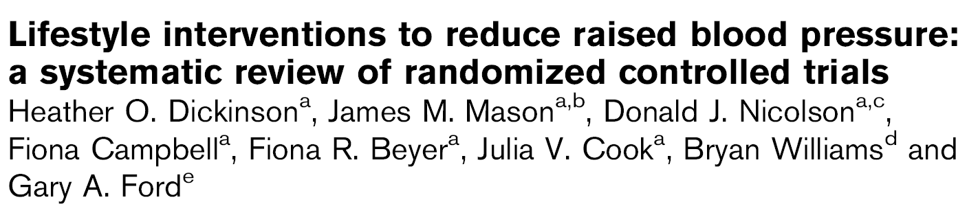 J Hypertens 2006 Robust statistically significant effects were found for: - improved diet: SBP 5 mmhg - aerobic exercise : SBP 4.