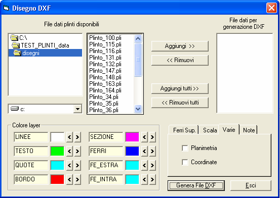 La finestra Disegno Dxf permette di definire i parametri necessari alla generazione dei disegni esecutivi.