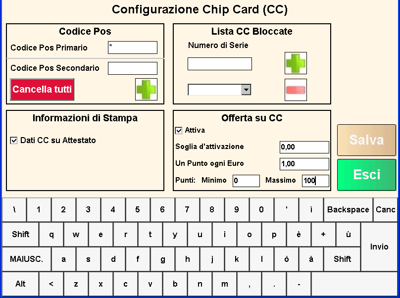 Figura 141: Pannello di Programmazione Il pannello di Configurazione Chip Card (CC) consente di impostare i dati generali legati alla gestione della funzionalità Chip Card: Figura 142: