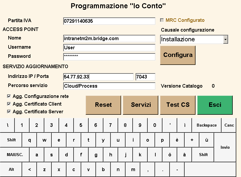 Il campo Versione Catalogo visualizza la versione di Catalogo (tabella SLU/Servizi) correntemente installata su XPOSPC.