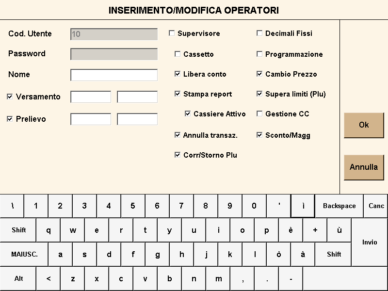 Figura 7: Inserimento Operatori a. ID UTENTE: è il codice numerico da digitare sul tastierino numerico per il log in/log out dell Operatore. b.
