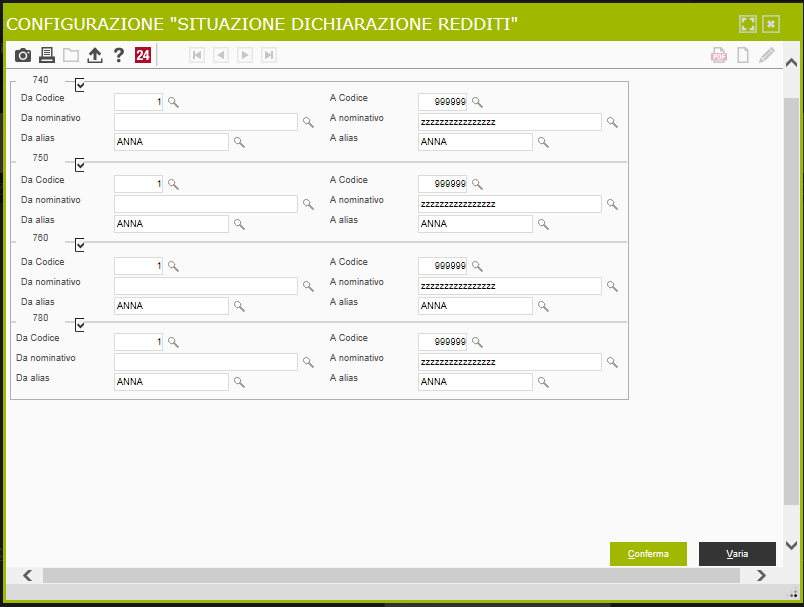 Esempio: Supponiamo che il widget richiesto debba elaborare il suo risultato con riferimento a tutte le dichiarazioni, di tutte le procedure compilate dell