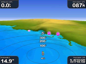 Mappe e visualizzazioni 3D Mariner s Eye 3D La scheda dati BlueChart g2 Vision contiene Mariner s Eye 3D, che fornisce una vista tridimensionale dettagliata dall alto e da dietro la barca (a seconda