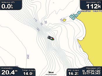 Mappe e visualizzazioni 3D Mappa pesca La mappa pesca consente di visualizzare in modo dettagliato il profilo del fondale e gli scandagli di profondità sulla mappa.