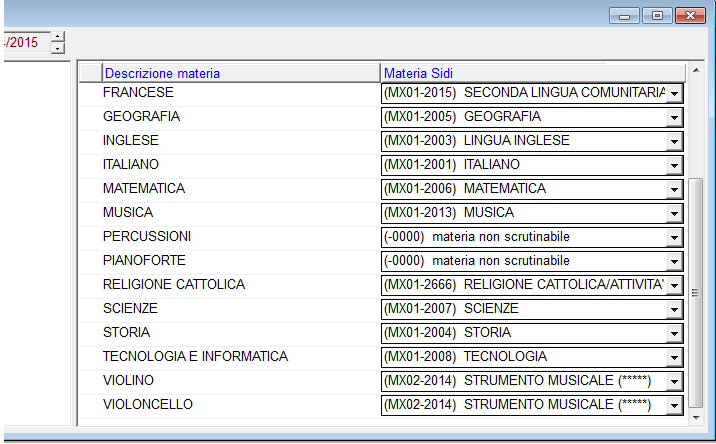 Esempio di allineamento materie per l indirizzo MX01 (ordinario) che non prevede l insegnamento dello strumento musicale, che però, in questo caso, è stato comunque introdotto come attività