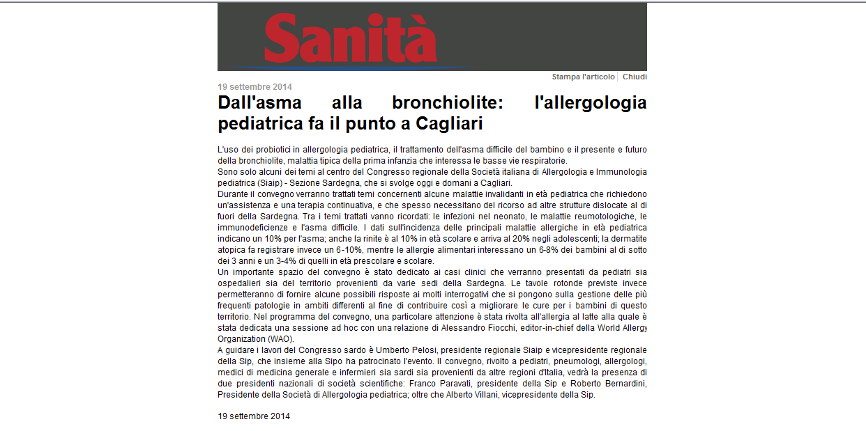 Sono solo alcuni dei temi al centro del Congresso regionale della Società italiana di Allergologia e Immunologia pediatrica (Siaip) - Sezione Sardegna, che si svolge oggi e domani a Cagliari.