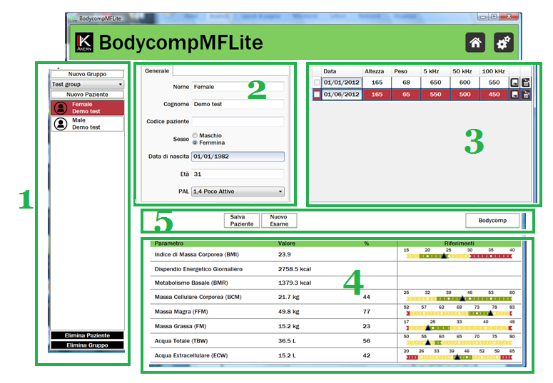 Schermata principale Bodycomp MF Lite Bodycomp MF Lite è stato progettato in modo da eliminare inutili finestre di inserimento dati ed informazioni.