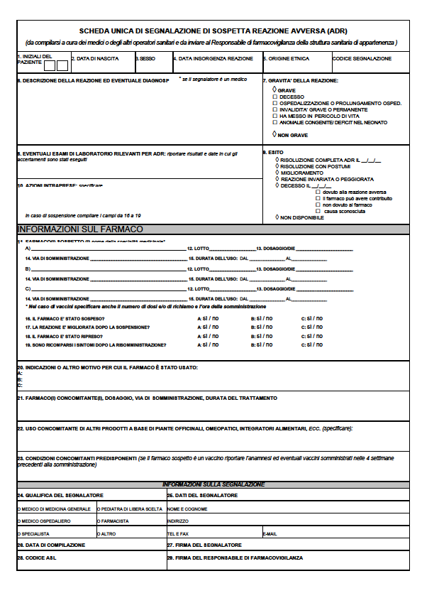 E possibile scaricare on-line la scheda elettronica di segnalazione di sospetta reazione avversa da http://www.agenziafarmaco.gov.