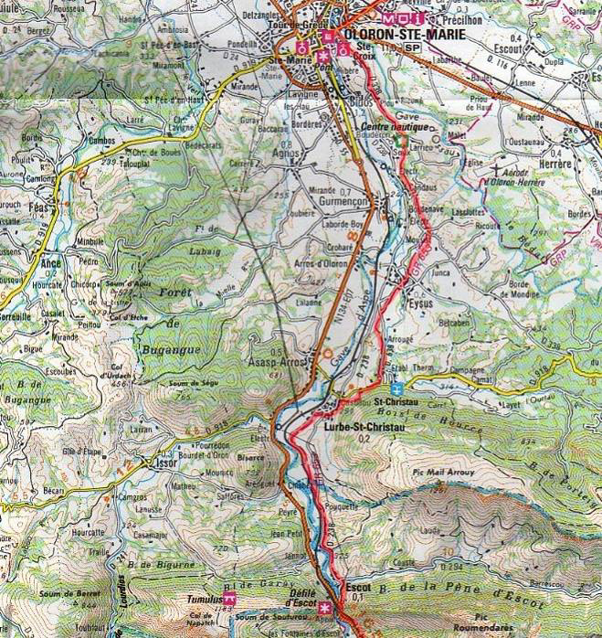 ponti, Eysus (6km), ancora stradine e ponti e si arriva a Saint Christau, le terme antiche e la D918 che si segue fino a Lurbe 13km Lurbe Saint Christau: HR des vallées al trivio, stanze a 35 tel