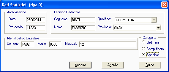 Macro-Categoria Speciale Il tecnico, al momento della compilazione dei "Dati