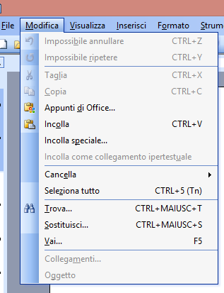 MICROSOFT WORD MENU Il menù a tendina MODIFICA serve per compiere operazioni di modifica sul documento,