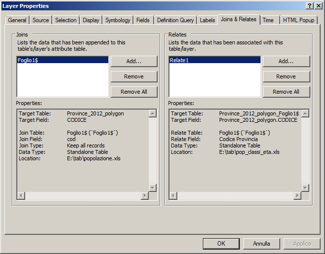 relazioni tra tabelle - Nelle proprietà del layer è