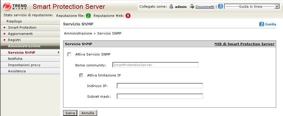 Gestione dei client OfficeScan e degli Smart Protection Server Configurazione del servizio SNMP Configurare le impostazioni del servizio SNMP per consentire ai sistemi di gestione SNMP di eseguire il