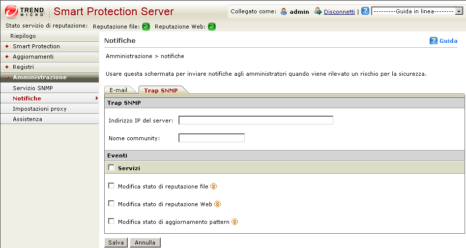 Gestione dei client OfficeScan e degli Smart Protection Server Modifica stato di aggiornamento pattern: Selezionare per inviare una notifica di modifica dello stato.