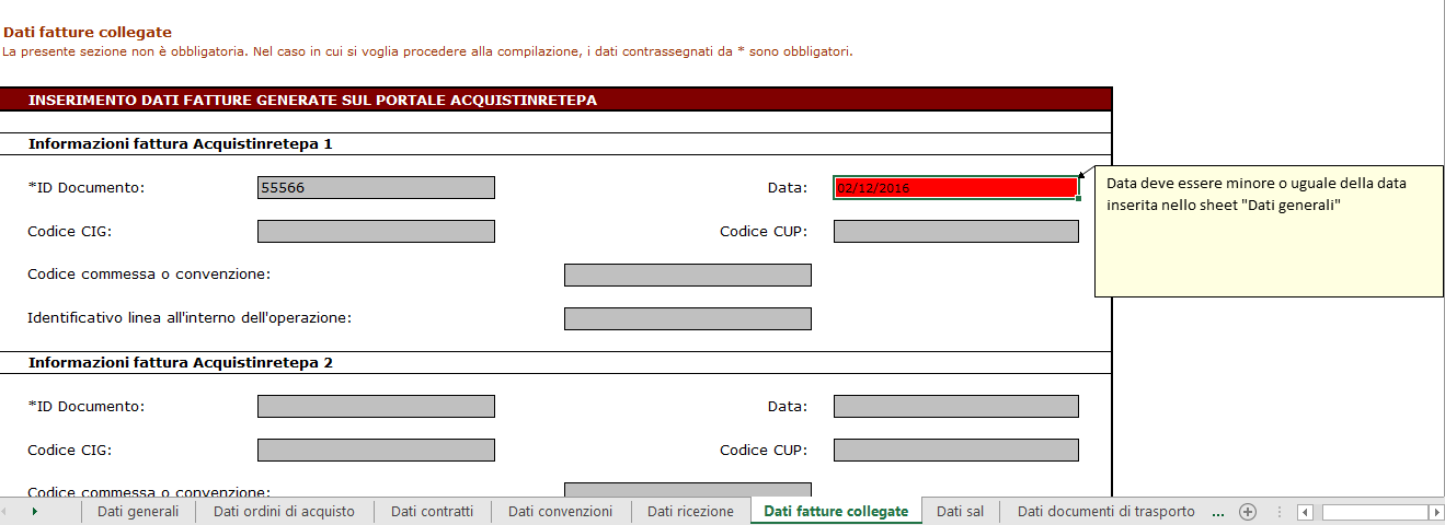 Il medesimo controllo sarà previsto nel caso di caricamento dati tramite Excel.