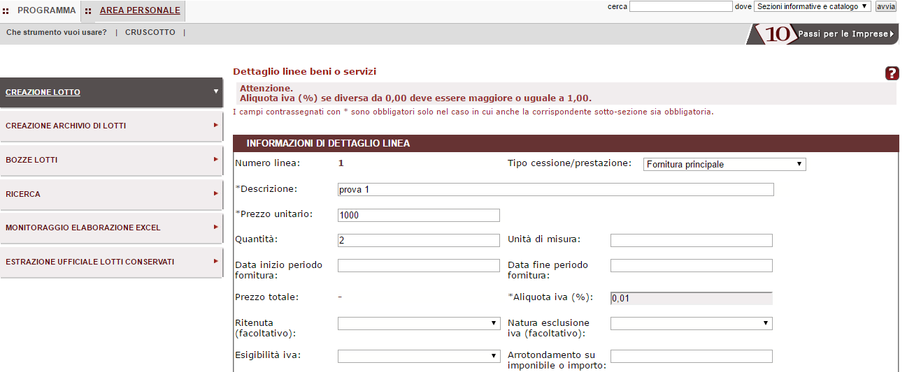 1.3 DETTAGLIO LINEE BENI O SERVIZI La schermata Dettaglio linee beni o servizi, accessibile cliccando su Aggiungi nella schermata relativa alle informazioni della fattura, nella sezione relativa all