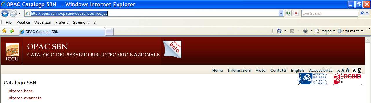 La pagina di ricerca del Catalogo SBN del Servizio Bibliotecario