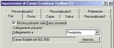 Impostazioni schede Se si fa clic sul pulsante [Impostazioni], viene visualizzata la finestra di dialogo Impostazioni di Canon ScanGear Toolbox, che presenta una scheda per ogni pulsante.