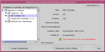 Figura 4 2 Finestra del Registro di configurazione di Solaris in modalità espansa Nel Registro di configurazione gli attributi dei prodotti appaiono al di sopra del riquadro Altre informazioni.