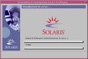 Sopra la barra di avanzamento vengono visualizzati, tra parentesi, i messaggi di stato e il nome dei package aggiunti a Solaris.