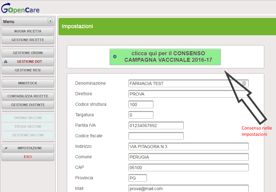 Cliccando sul bottone in verde la farmacia viene automaticamente indirizzata nella maschera delle Impostazioni dove sarà possibile esprimere il consenso. Fig.