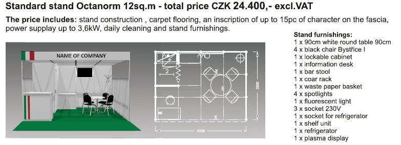 MSV 2015 Offerta speciale Area Italia STANDS PREALLESTITI OPZIONE 12mq 14 OPZIONE stand 12mq Costo di iscrizione: 3.000 czk (ca.