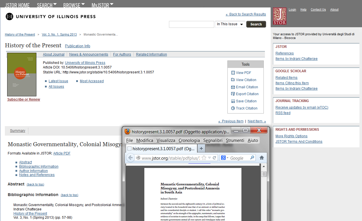 JSTOR Full text e rimandi Cliccando sul titolo dell articolo è possibile vedere la scheda bibliografica e il full text (click su PDF).