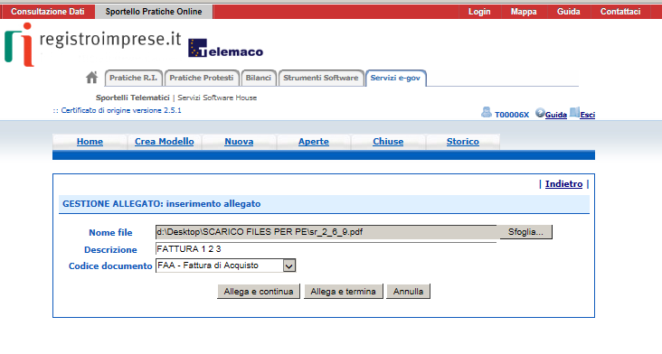 Cert O Allegare files 1. Selezionare file 2. Inserire una descrizione dell allegato 3.