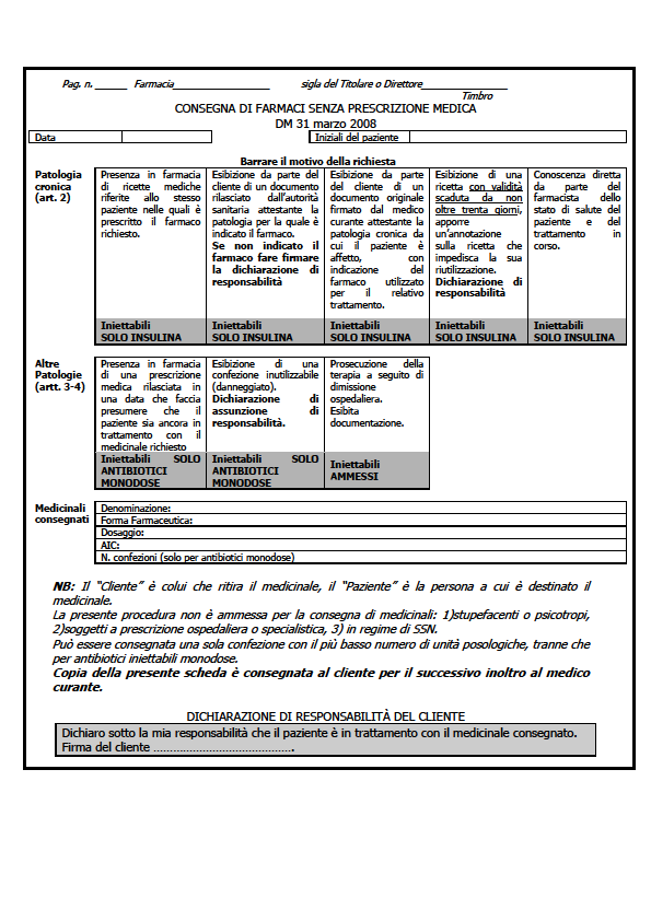 Fac-simile del documento, proposto da Federfarma, che potrà essere utilizzato dal farmacista per adempiere - in modo semplificato ma completo - agli