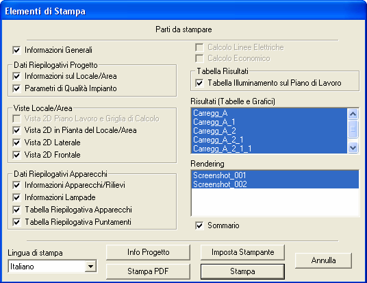 Per stampare in formato PDF il calcolo illuminotecnico svolto cliccare sul menù a tendina File e selezionare Stampa.