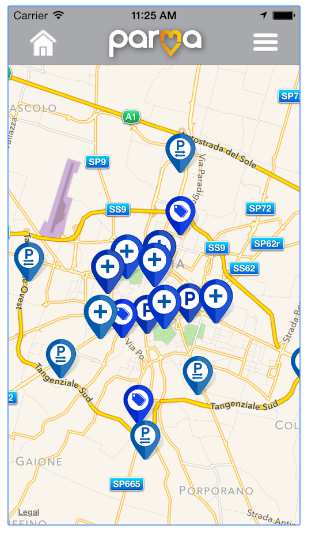 GiroParma - Parcheggi Localizzazione su mappa dei parcheggi in struttura cittadini, parcheggi scambiatori ed