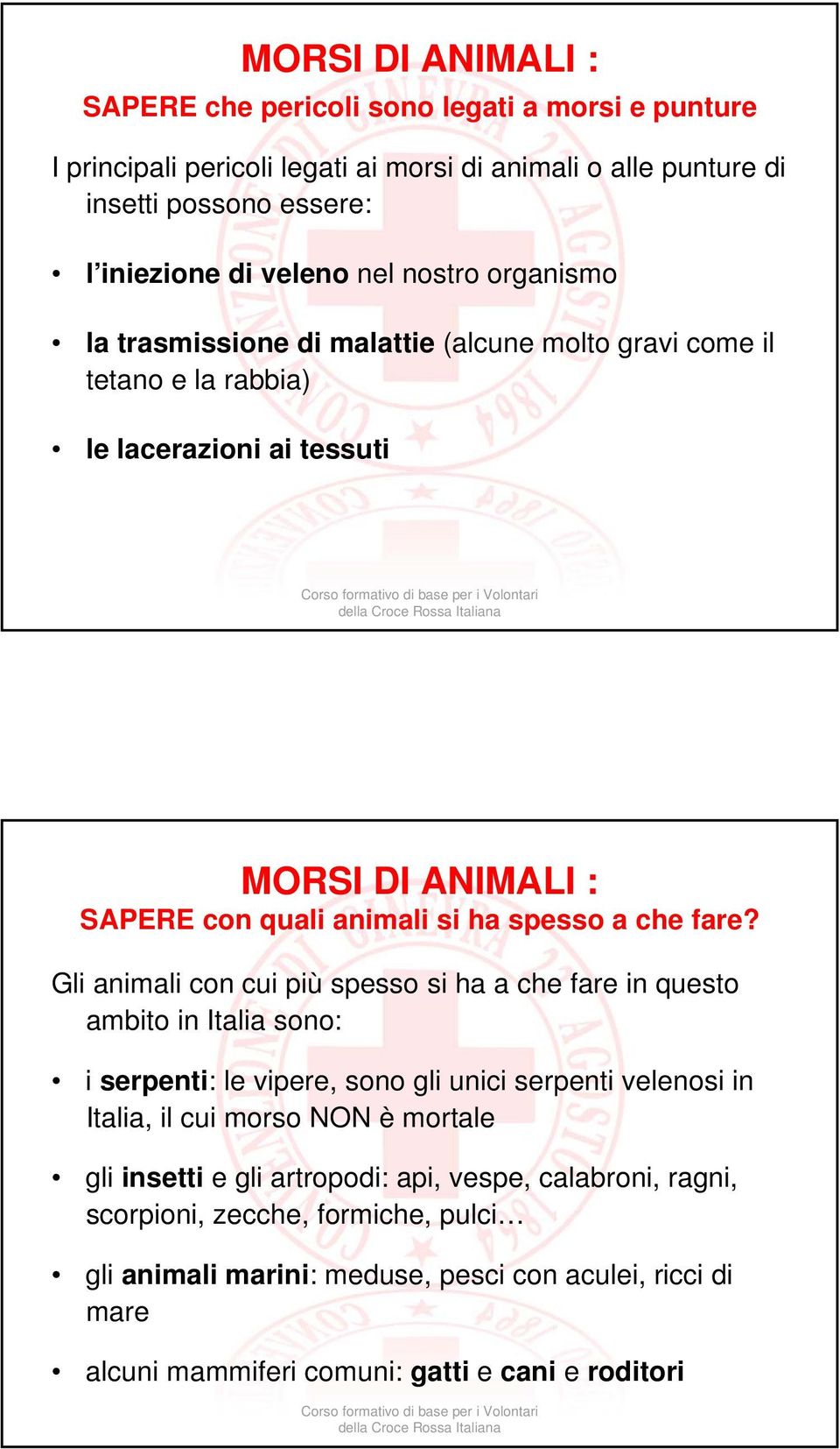 Gli animali con cui più spesso si ha a che fare in questo ambito in Italia sono: i serpenti: le vipere, sono gli unici serpenti velenosi in Italia, il cui morso NON è mortale gli insetti