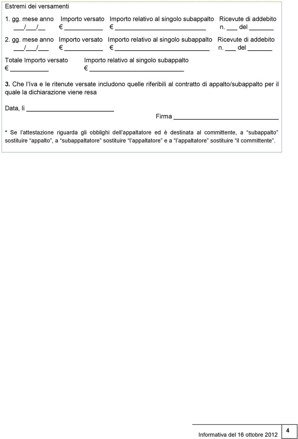 del Totale Importo versato Importo relativo al singolo subappalto 3.