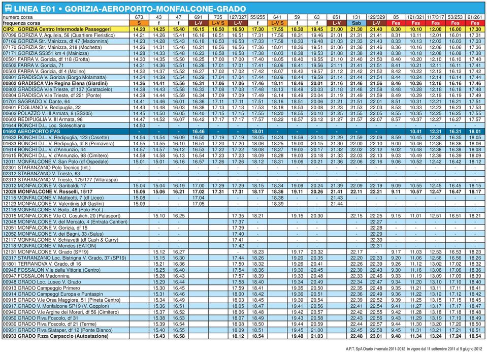 Aquileia, 56 (Quartiere Fieristico) 14.21 14.26 15.41 16.16 16.51 16.51 17.31 17.56 18.31 19.46 21.01 21.31 21.41 8.31 10.11 12.01 16.01 17.31 07169 GORIZIA Str. Mainizza, df 47 (Madonnina) 14.23 14.