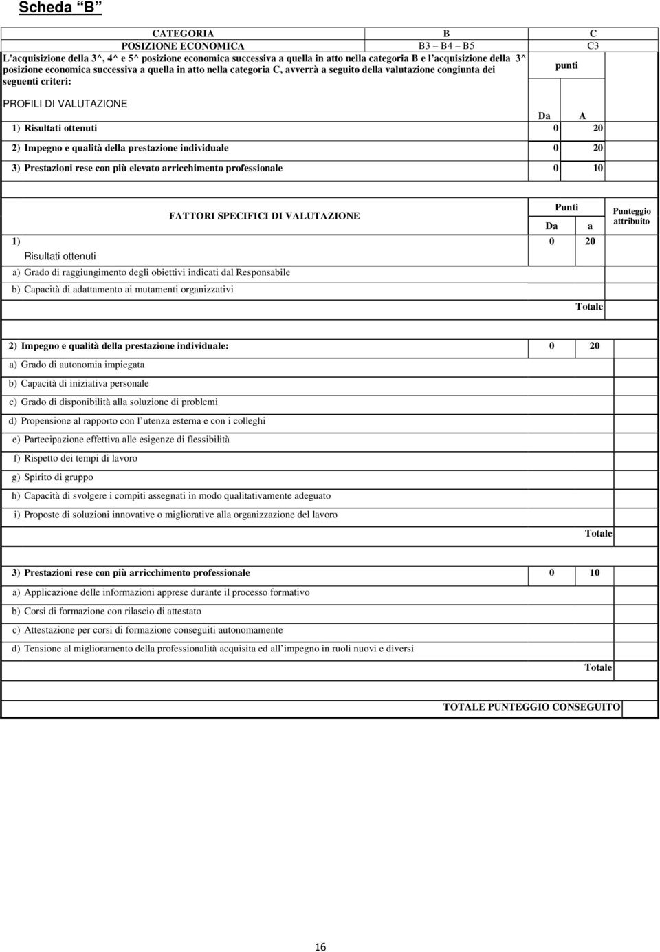 della prestazione individuale 0 20 3) Prestazioni rese con più elevato arricchimento professionale 0 10 FATTORI SPECIFICI DI VALUTAZIONE 1) Risultati ottenuti a) Grado di raggiungimento degli