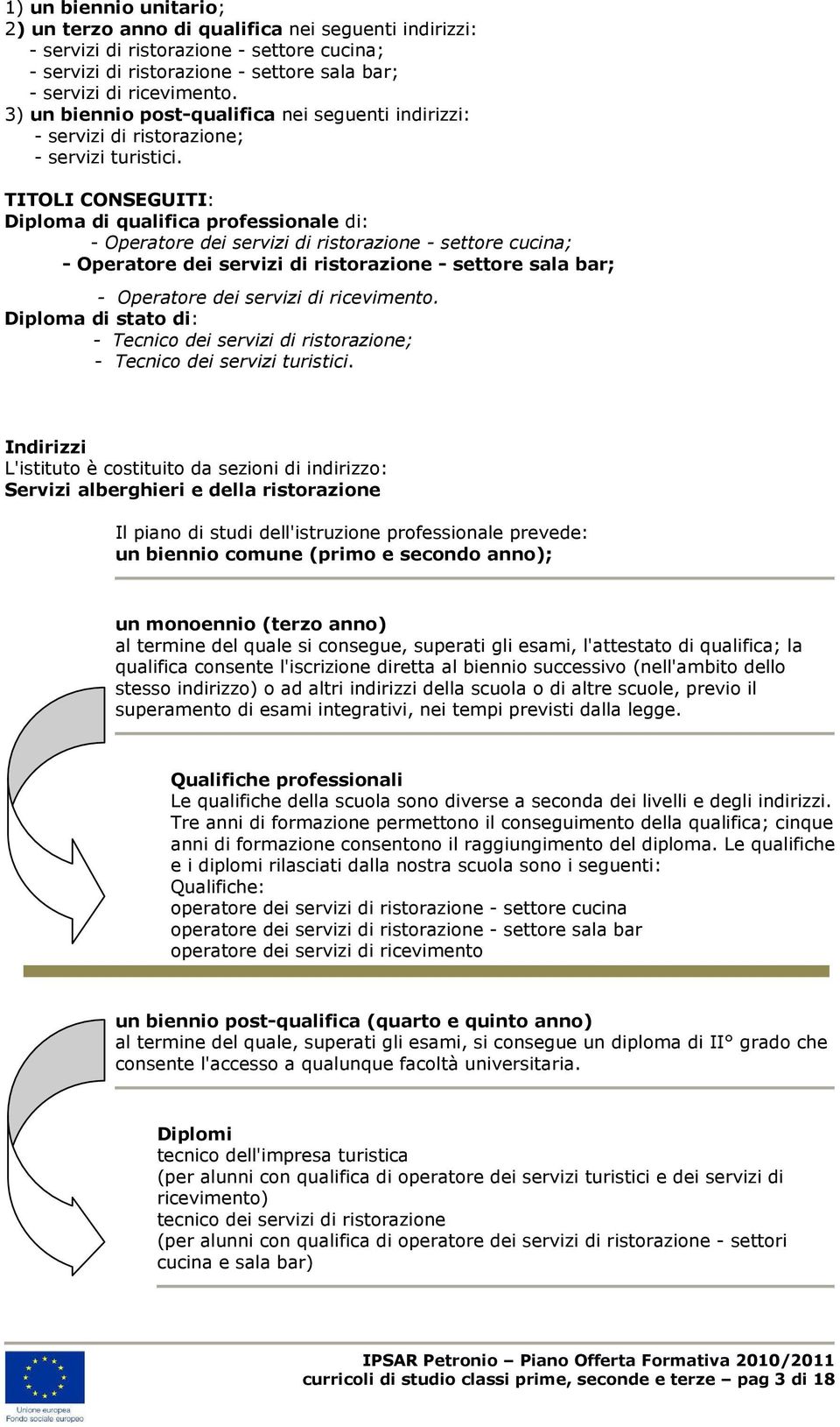 TITOLI CONSEGUITI: Diploma di qualifica professionale di: - Operatore dei servizi di ristorazione - settore cucina; - Operatore dei servizi di ristorazione - settore sala bar; - Operatore dei servizi