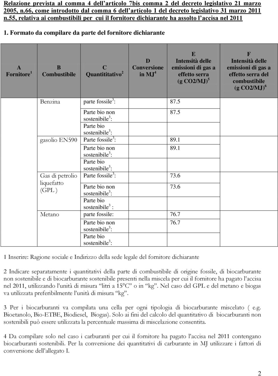 Formato da compilare da parte del foritore dichiarate A Foritore 1 B Combustibile C Quatititativo 2 D Coversioe i MJ 4 E Itesità delle emissioi di gas a effetto serra (g CO2/MJ) 5 F Itesità delle